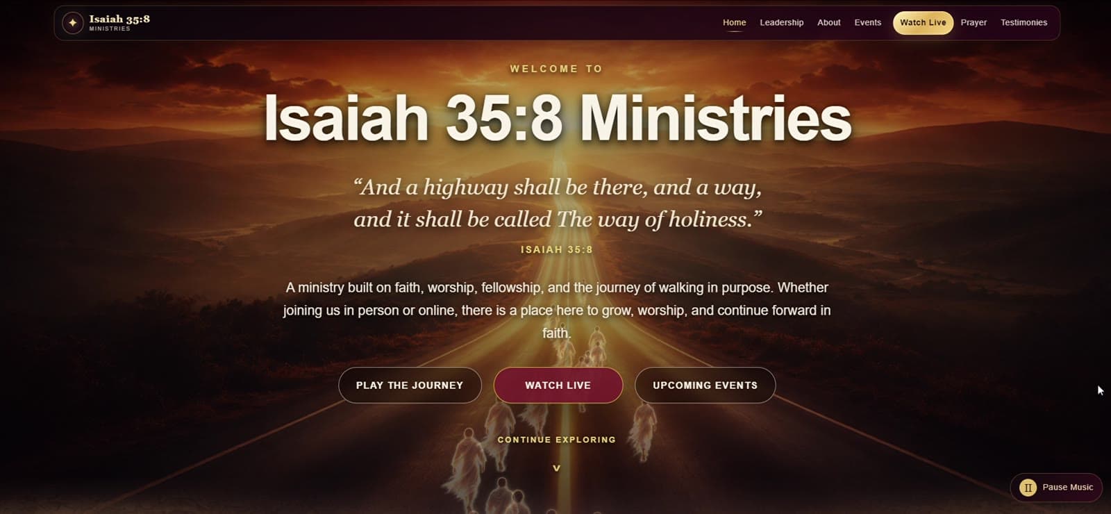 Project Highway's welcome page for Isaiah 35:8 Ministries: pilgrims walking a glowing road at sunset
