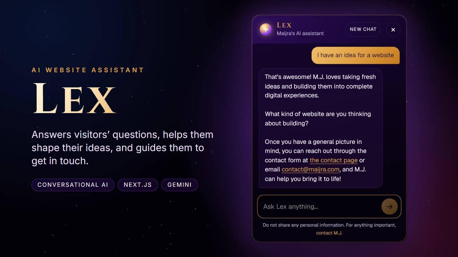 Lex, the Maijra AI assistant, answering a visitor's question in its chat window