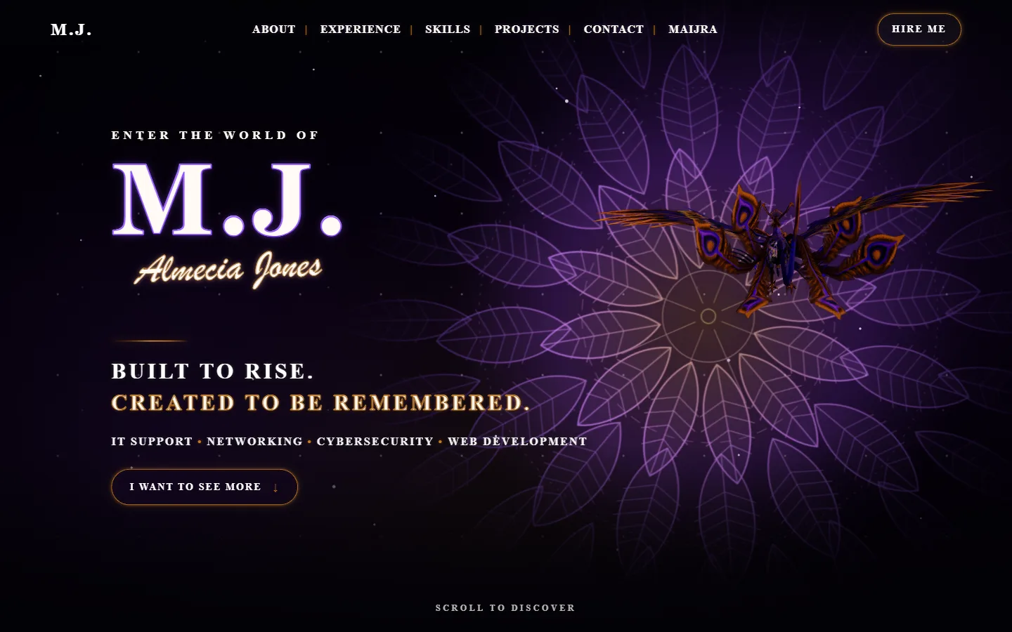M.J.'s portfolio: a 3D phoenix over a violet feather mandala