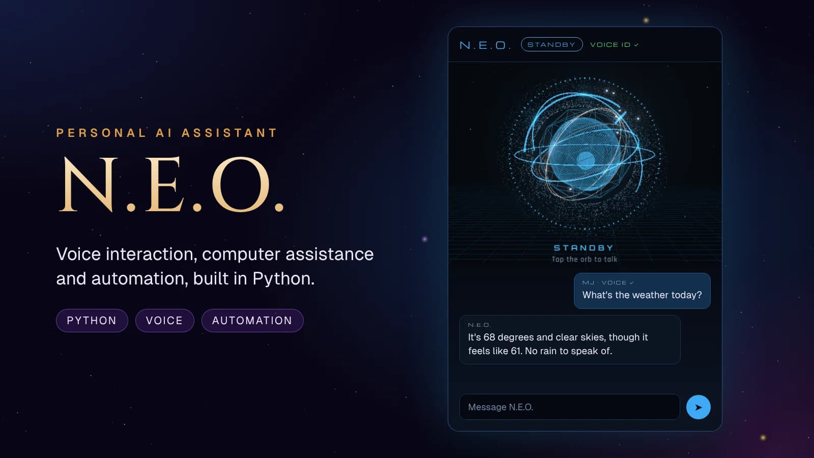N.E.O., M.J.'s personal AI assistant: his blue orb on standby, answering a question about the weather